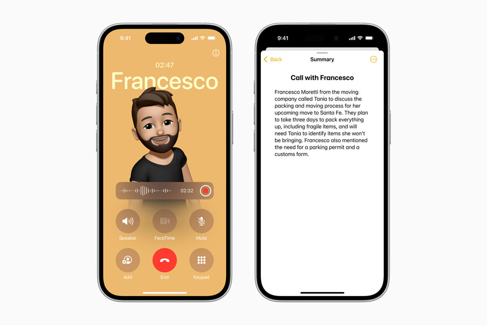 Se muestra un resumen de la llamada de un usuario en la app Teléfono en un iPhone 16.