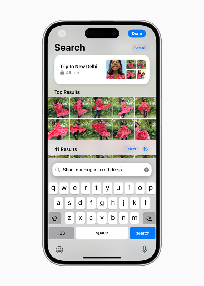 Se muestra la nueva funcionalidad de búsqueda en la app Fotos en un iPhone 16 Pro.