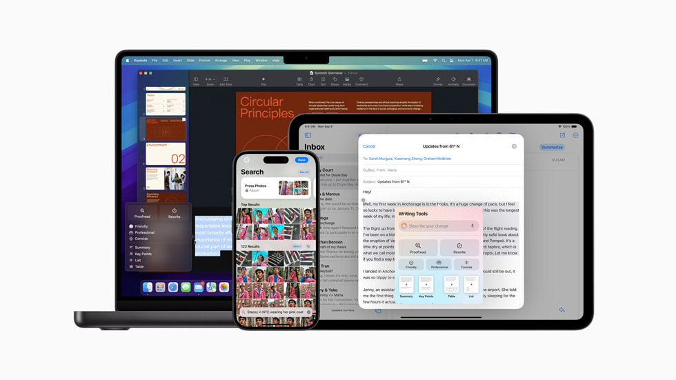 Se muestran las nuevas funcionalidades de Apple Intelligence en una variedad de dispositivos iPhone, iPad y Mac.