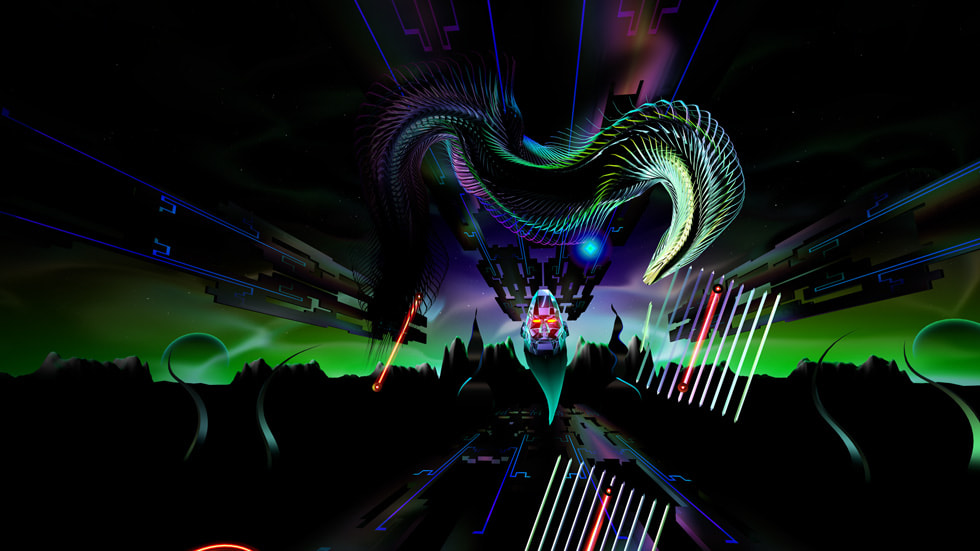 Une capture d’écran de THRASHER: Arcade Odyssey sur l’Apple Vision Pro.