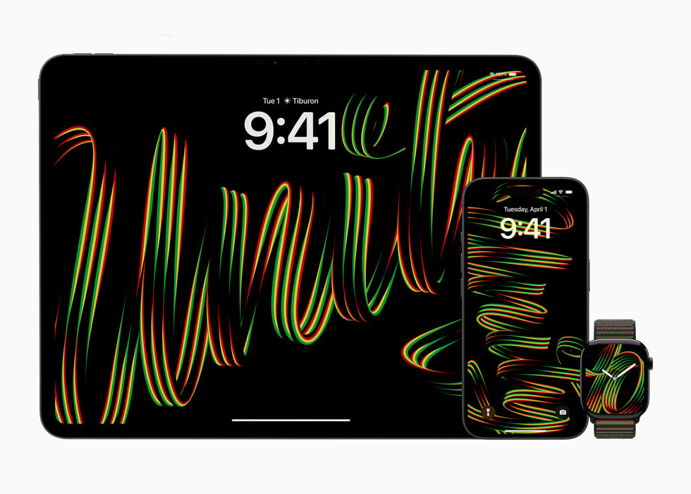 Le nouveau fond d’écran Black Unity sur l’iPhone et l’iPad, et l’Apple Watch accompagnée de la Boucle Sport et du cadran Black Unity.