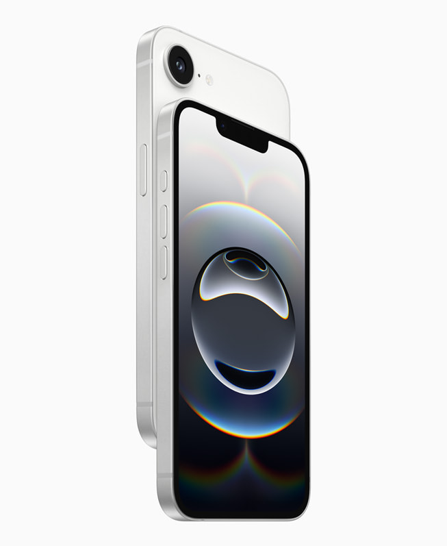 Dos dispositivos iPhone 16e blancos colocados uno contra otro.