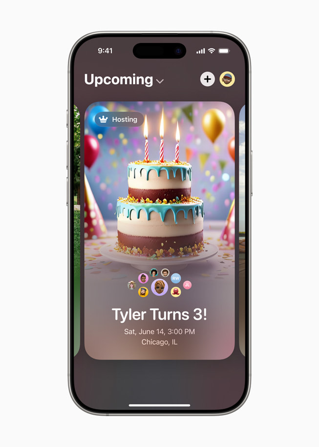 Un iPhone 16 Pro affiche l’app Invitations Apple avec une invitation à l’anniversaire d’un enfant illustrée par une image de gâteau d’anniversaire générée par Image Playground.