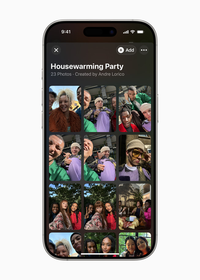 Un iPhone 16 Pro affiche l’album photo partagé d’une crémaillère dans l’app Invitations Apple.