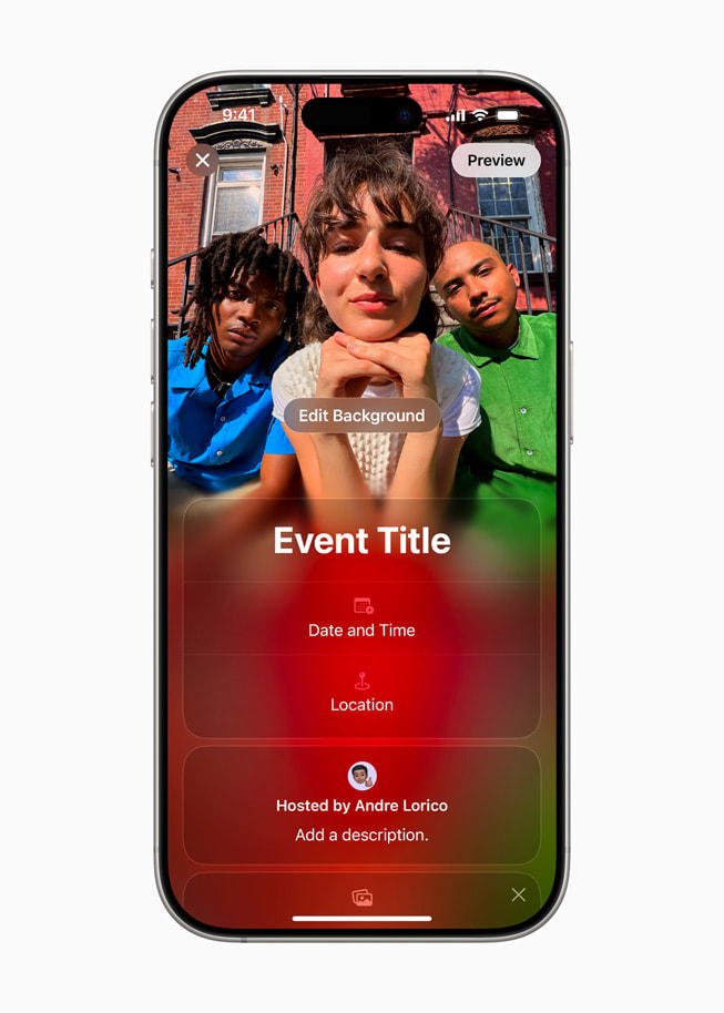 Un iPhone 16 Pro affiche un écran de l’app Invitations Apple invitant l’utilisateur à nommer son événement et à choisir une image.