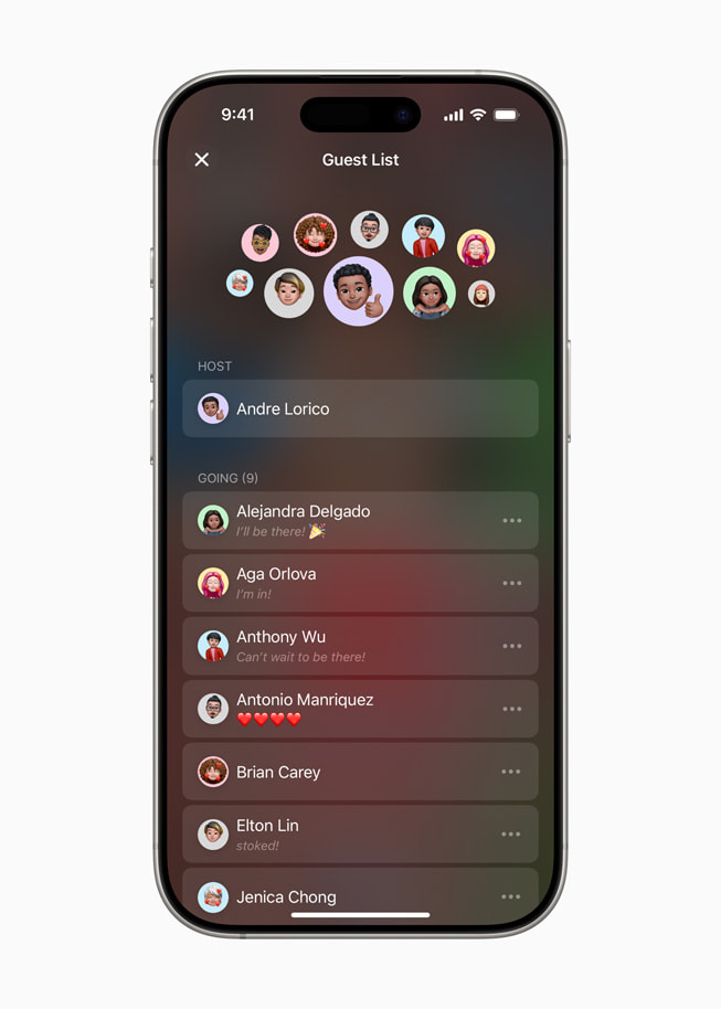 Un iPhone 16 Pro affichant la liste des invités d’une invitation dans Invitations Apple.