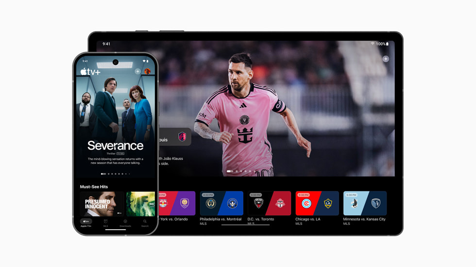 L’app Apple TV pour Android affichée sur un téléphone et une tablette.