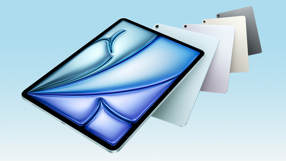 Cinq iPad Air avec puce M3 sont présentés en éventail.