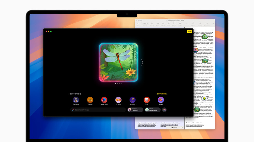 Un MacBook Air affiche une illustration de libellule dans Image Playground.
