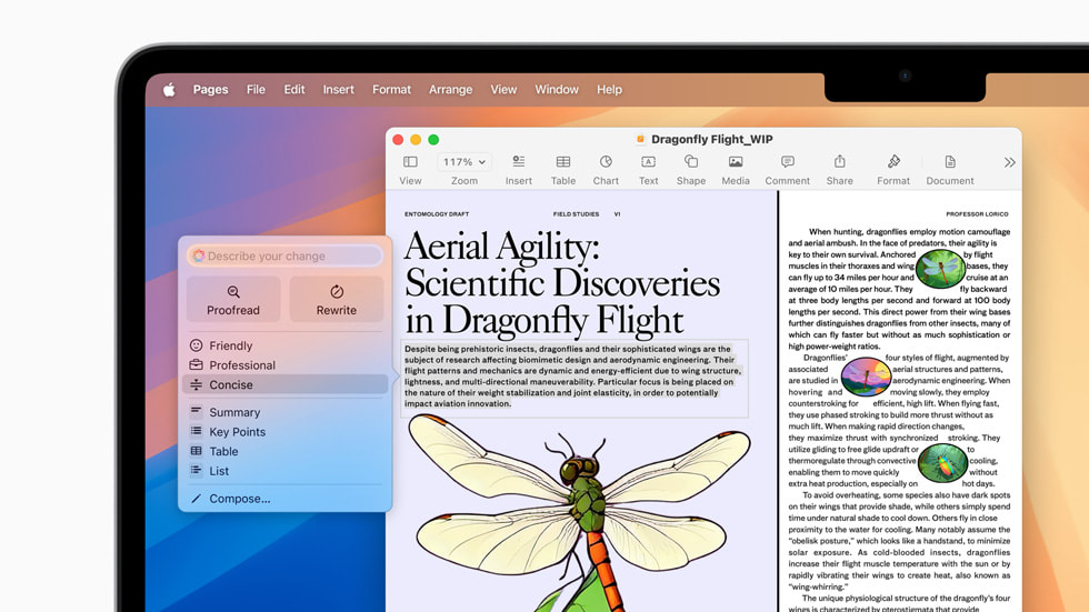Un MacBook Air affiche les Outils d’écriture avec un texte en surbrillance et l’option Concis sélectionnée dans une liste.