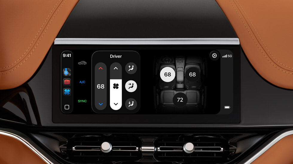새로운 CarPlay 경험으로 표시한 자동차 공조 시스템 제어 기능들.
