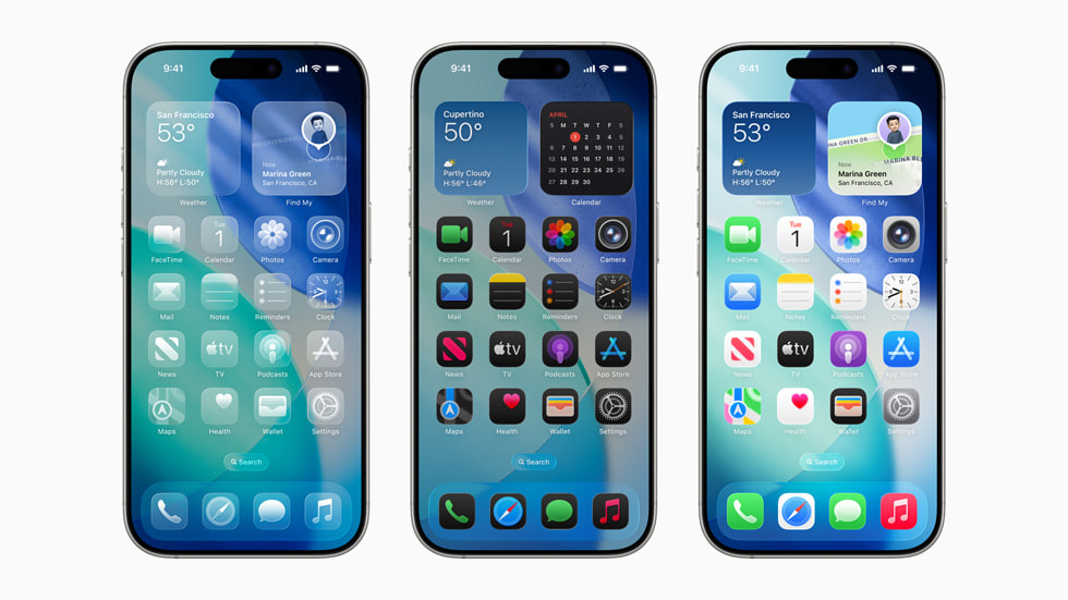 Liquid Glass로 구현되는 새로운 디자인을 보여주는 3대의 iPhone 16 Pro.