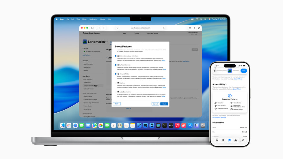 16 inç MacBook Pro ve iPhone 16 Pro’da Accessibility Nutrition Labels ekranı gösteriliyor.