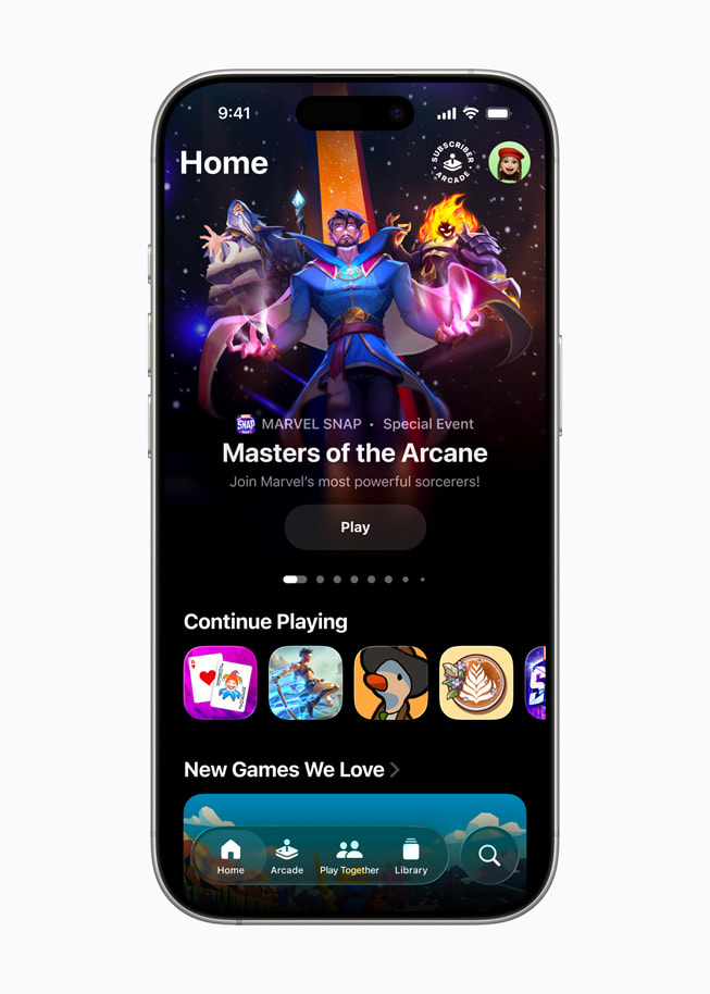 iPhone 16 Pro’da Apple Games’deki Ana sekme ekranı gösteriliyor.