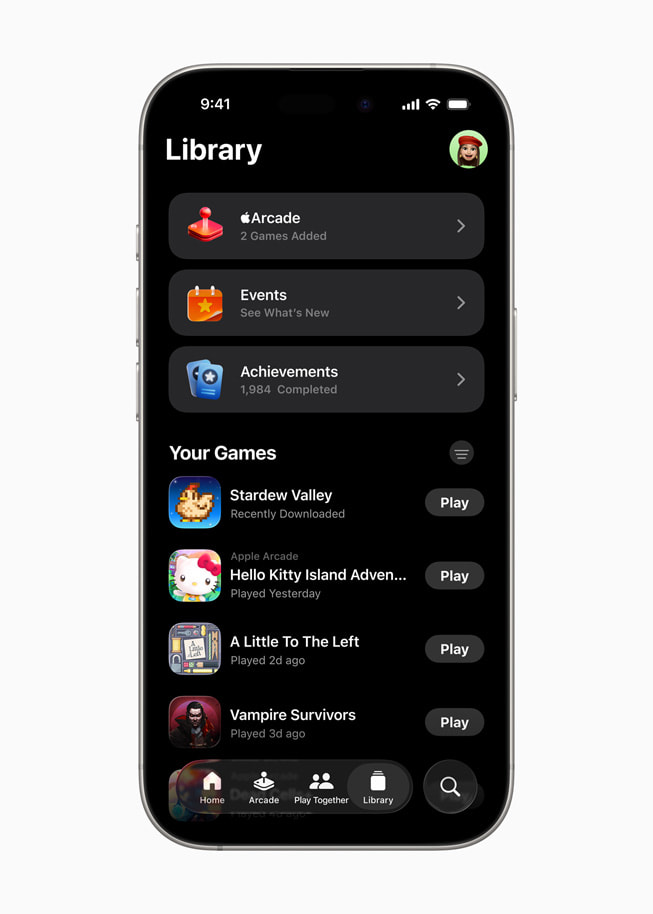 iPhone 16 Pro’da Apple Games arşiv ekranı gösteriliyor.