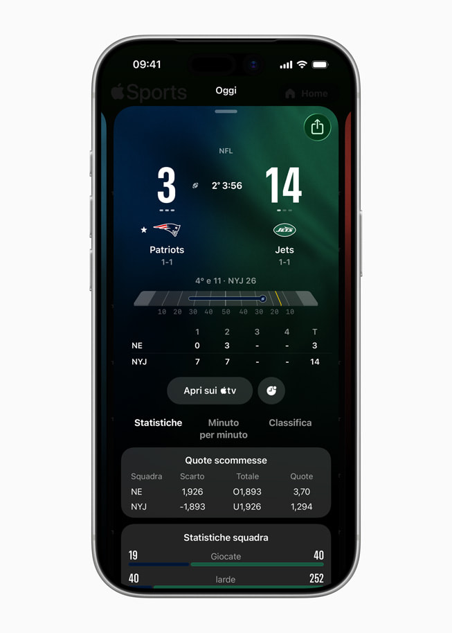 iPhone 17 Pro che mostra una schermata di Apple Sports con una partita dell’NFL e iI relativo risultato in tempo reale oltre alle quotazioni delle scommesse e alle statistiche delle squadre.