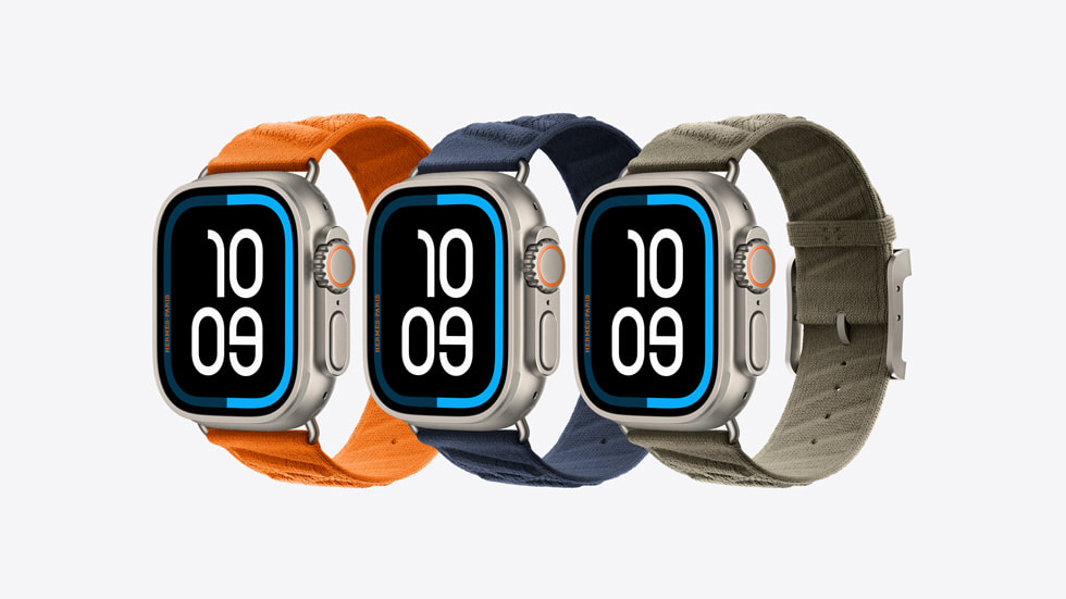 Les nouvelles couleurs du bracelet En Mer d’Hermès pour Apple Watch Ultra 3.