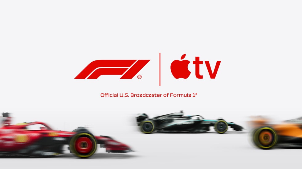 Se muestran los logos de F1 y Apple TV arriba de unas imágenes de autos de Formula 1.