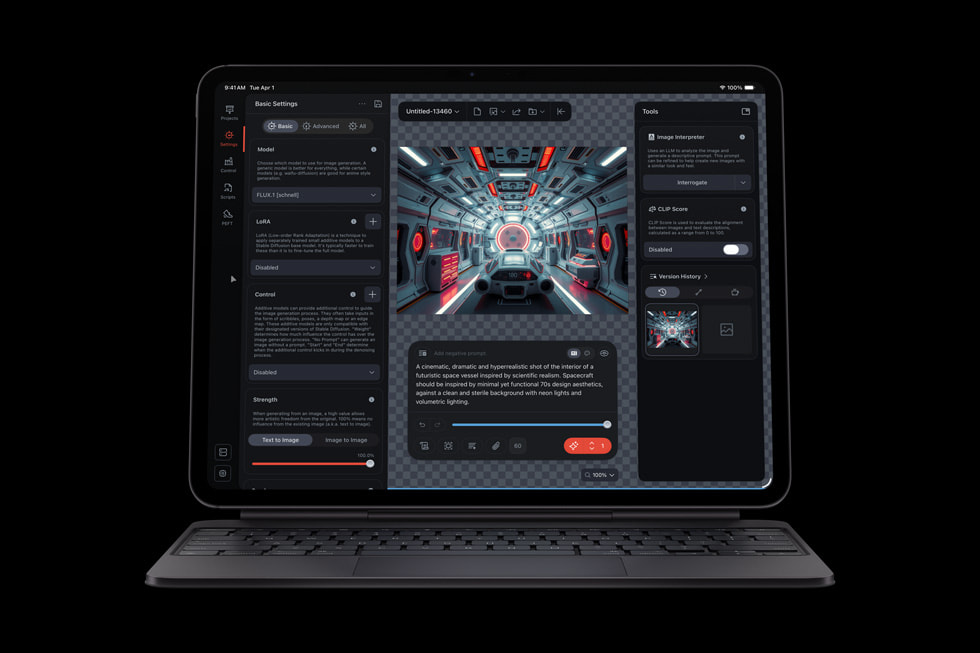 Appen Draw Things vises på iPad Pro med Magic Keyboard.