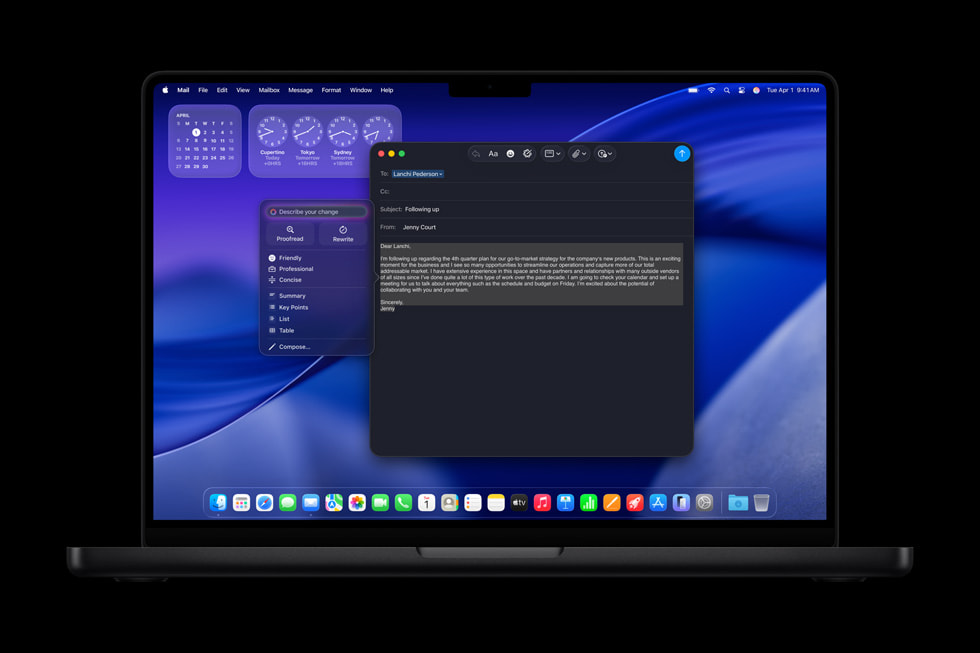 Skriveværktøjer med Apple Intelligence-funktion vist på Mac.