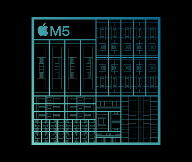 En grafisk illustration af Apples M5-chip på en sort baggrund.