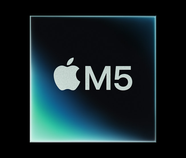 En grafisk illustration af Apples M5-chip på en sort baggrund.