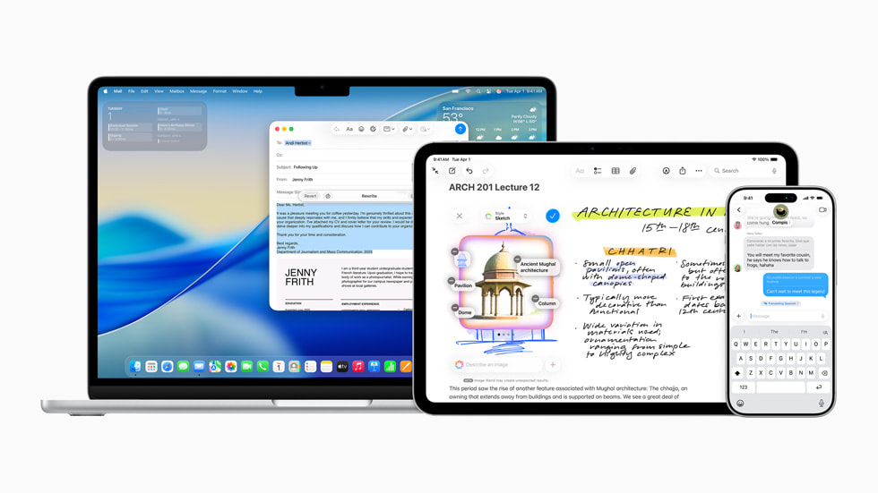Verschillende schermen van Apple Intelligence met Schrijfhulp, Beeldpenseel en Live vertaling op MacBook, iPad en iPhone.
