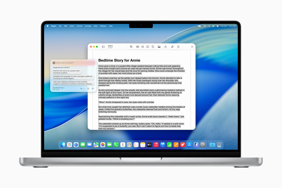 MacBook viser en skærm med funktionen Ny tekst med ChatGPT, der giver forslag til en godnathistorie.