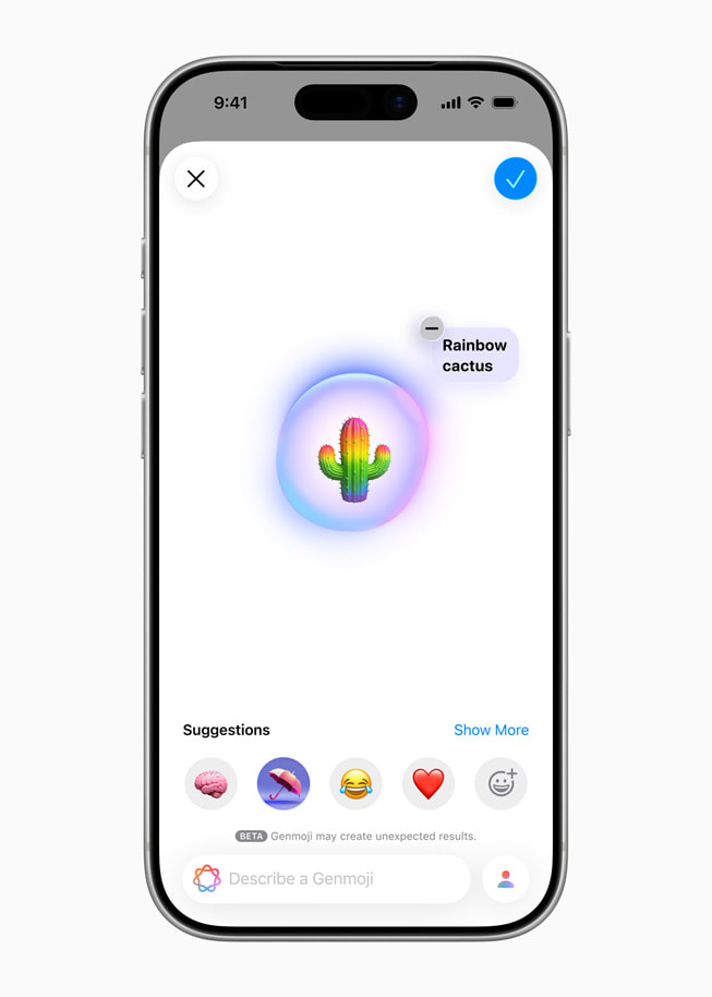 iPhone viser en kaktus-Genmoji i regnbuefarver.