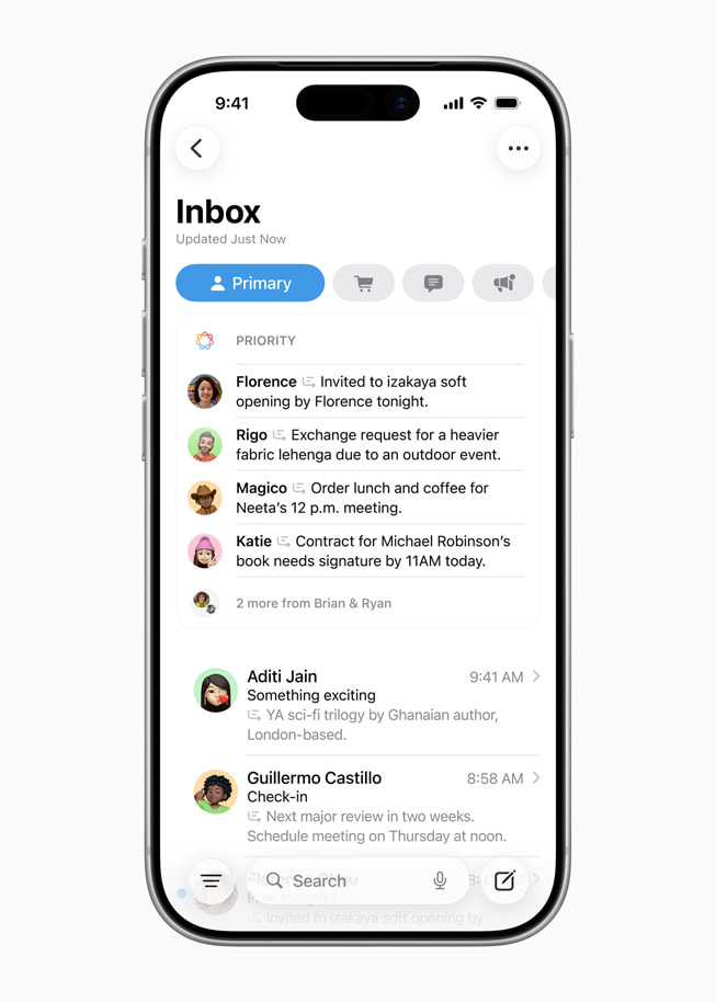 iPhone viser Mail, hvor visse beskeder er prioriteret øverst på skærmen.