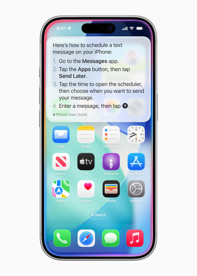 iPhone viser en trinvis vejledning til at planlægge en besked.