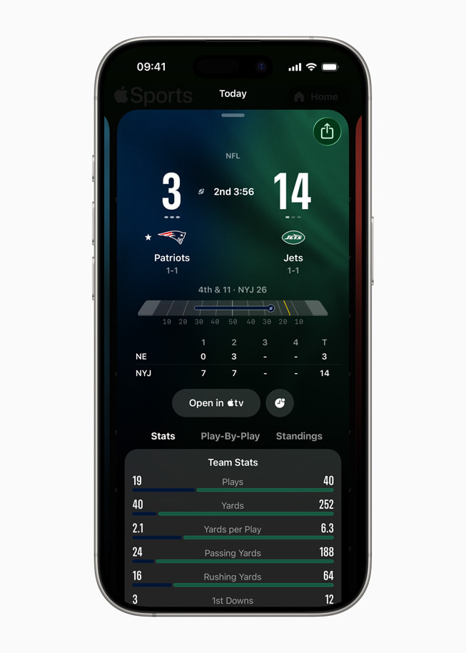 iPhone 17 Pro shows an Apple Sports screen, featuring an NFL game with the live score as well as team stats.