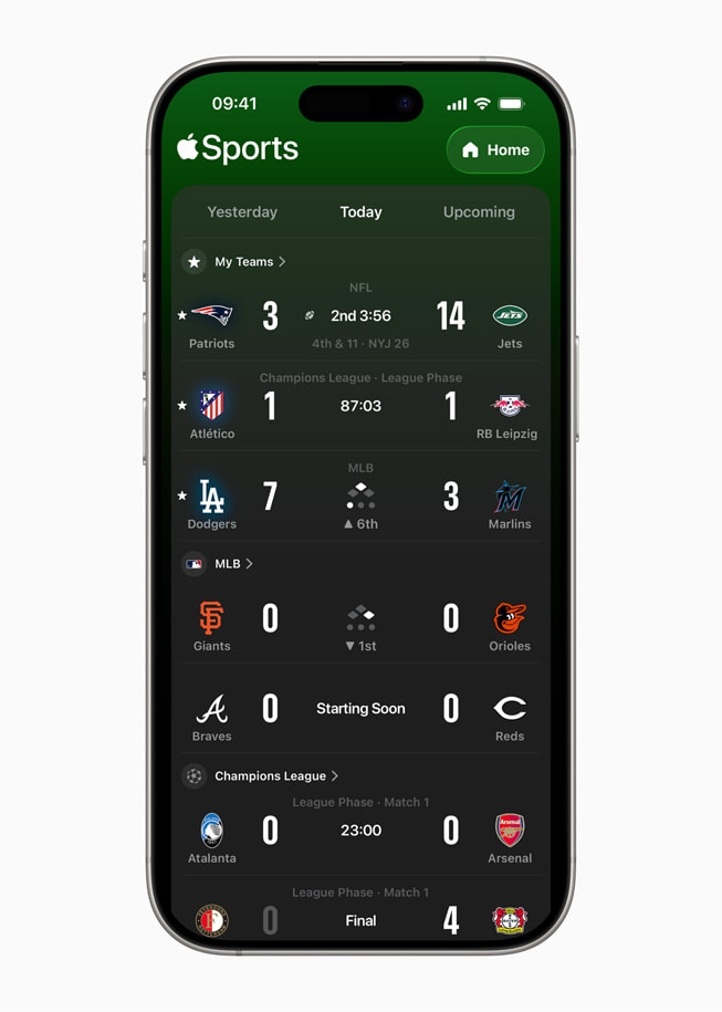 iPhone 17 Pro shows an Apple Sports screen with various games in various leagues displayed.