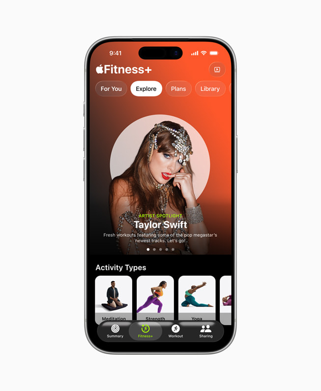 La serie de Artista en Detalle de Taylor Swift en Apple Fitness+ en la pantalla de un iPhone 17 Pro.