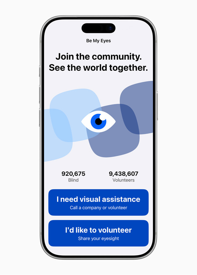 Captura de pantalla tomada en un iPhone 17 Pro que muestra la pantalla de inicio de la app Be My Eyes. Los usuarios tienen que elegir entre dos opciones. La primera es para personas que necesitan asistencia visual; la segunda, para voluntarios. 