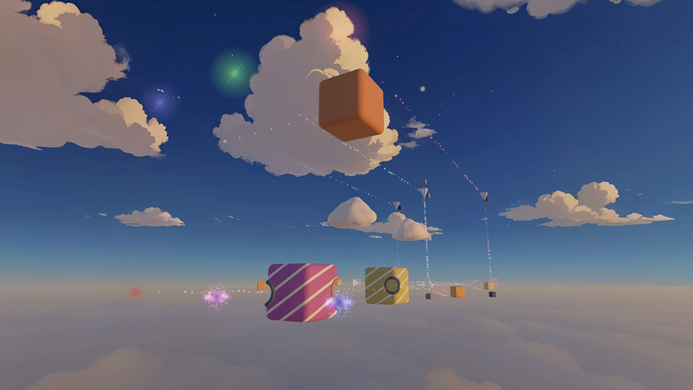 Captura de pantalla tomada en el Apple Vision Pro que muestra varias cajas que son parte de un puzzle y un cielo de fondo.