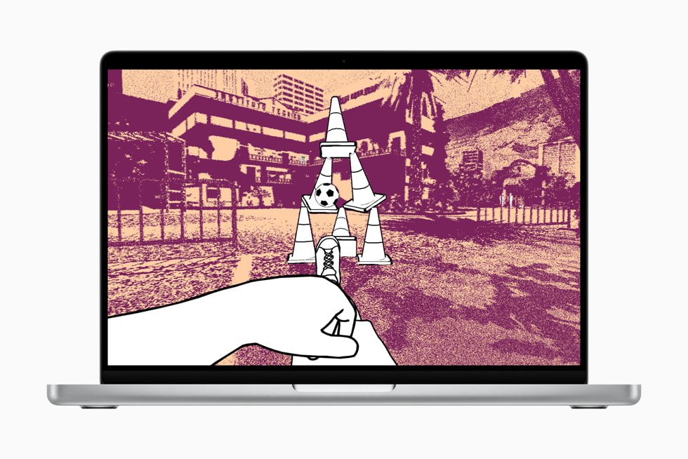 Captura de pantalla tomada en una MacBook Pro de 14 pulgadas con chip M5 que muestra una escena de fútbol en las calles de Quito desde la perspectiva de Julian, el protagonista de 8 años del juego despelote. 