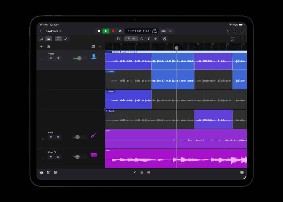 Quick Swipe Comping i Logic Pro vist på iPad Pro.