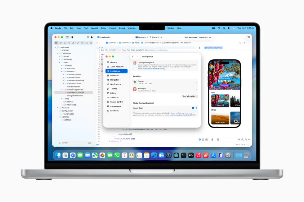 A MacBook Pro desktop shows the Xcode app with new agentic coding capabilities.