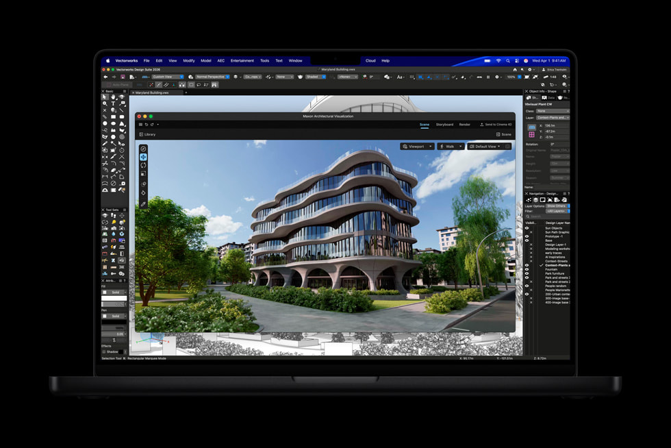Una MacBook Pro muestra una renderización arquitectónica en Vectorworks.