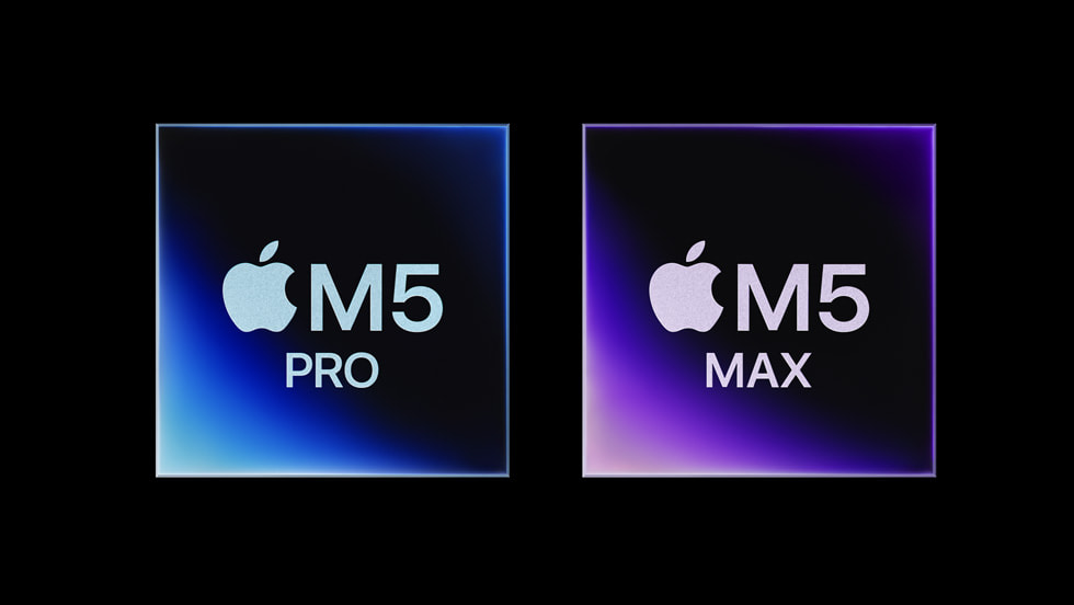 Representación gráfica de los chips M5 Pro y M5 Max de Apple sobre un fondo negro.