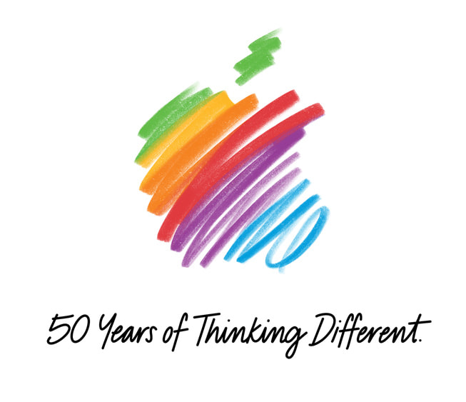 Sketsa pensil berwarna menggambarkan logo pelangi Apple.