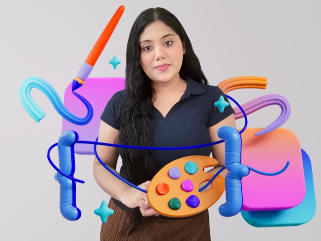 Gayatri Goundadkar holds a digital artist’s palette, with colourful 3D illustrations of a paintbrush and a squiggly line representing a tremor being corrected.