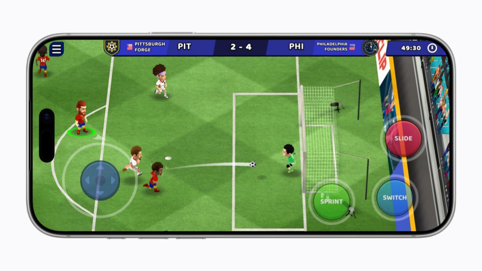 A still from the game Mini Football Legends on iPhone 17 Pro shows a soccer match in progress.