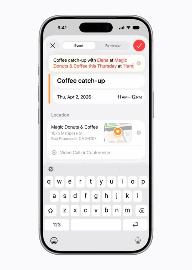 An iPhone 17 Pro screen shows the creation of a new event by a user in the Calendar app.