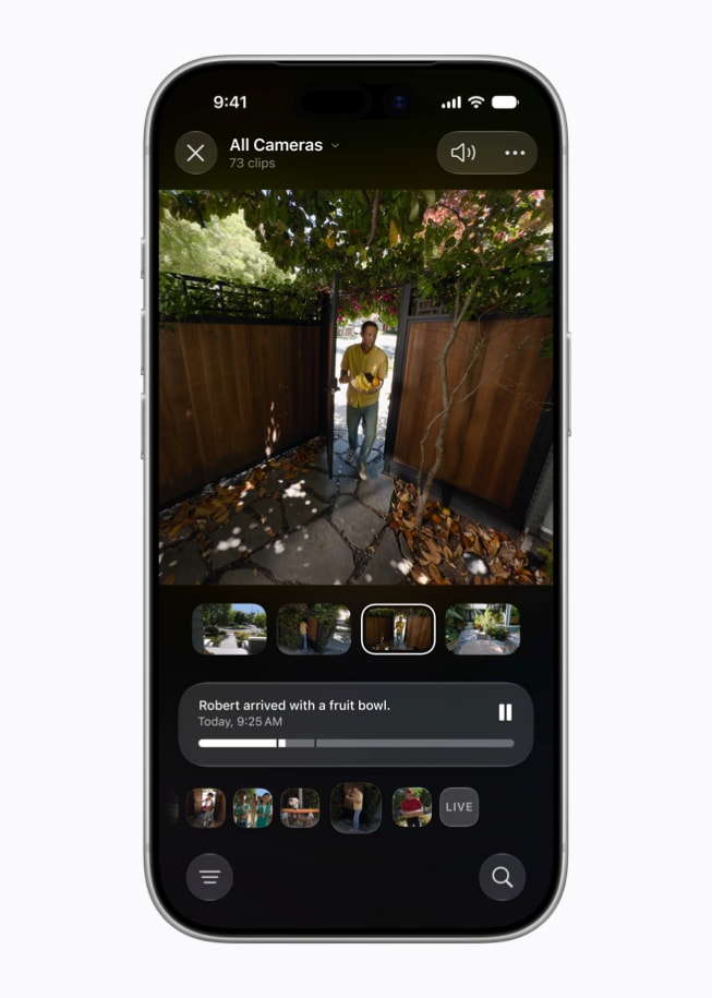 An iPhone 17 Pro screen in the Home app shows a security camera view with the generated description "Robert arrived with a fruit bowl."