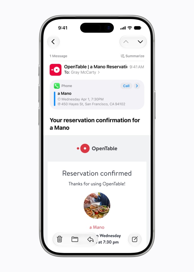An iPhone 17 Pro screen shows a notification for a dinner reservation, surfacing restaurant and reservation details from Mail.