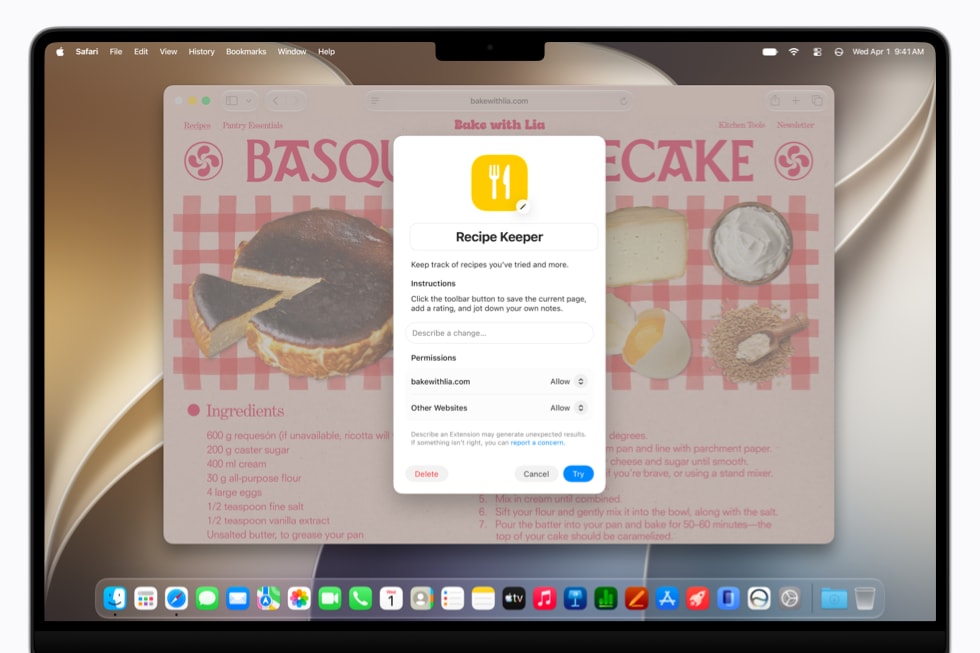 A 14-inch MacBook Pro screen shows a Safari dialog box for Recipe Keeper on a baking website.