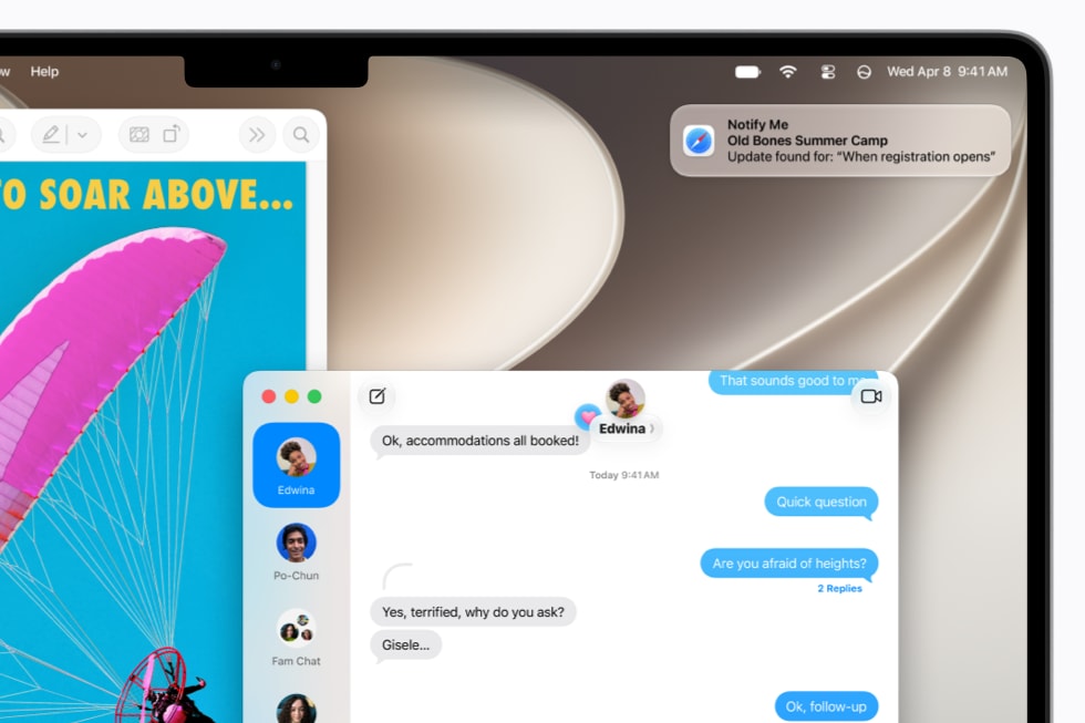 A Notify Me notification from Safari appears on a desktop shown on a 14-inch MacBook Pro.