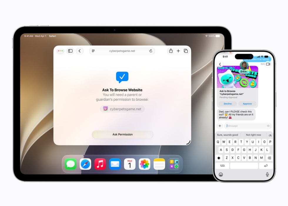 An 11-inch iPad Pro shows an Ask to Browse Website prompt, while an iPhone 17 Pro shows the approval request in Messages.
